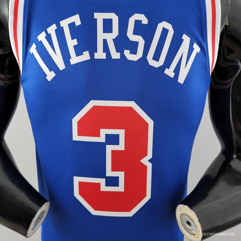 قميص ريترو فيلادلفيا 76ers Iverson # 3 برقبة عنق أزرق من قميص الدوري الأمريكي للمحترفين

