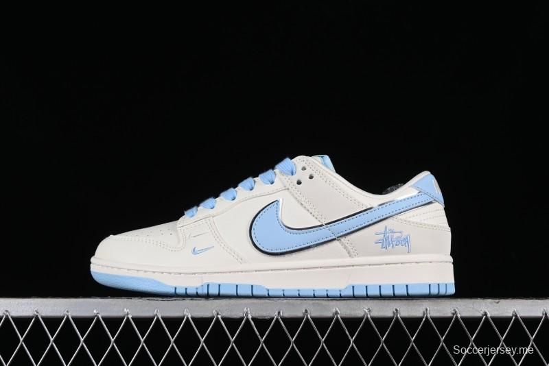 Stussy x Nike Dunk Low SB Skate Shoes in White with Light Blue Swoosh - DQ1098-380