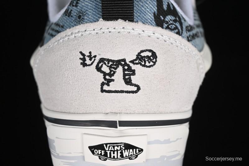 HIRONO Knu Skool Low-Top Casual Sneakers with Denim Graffiti Design - VN0009QCRBL