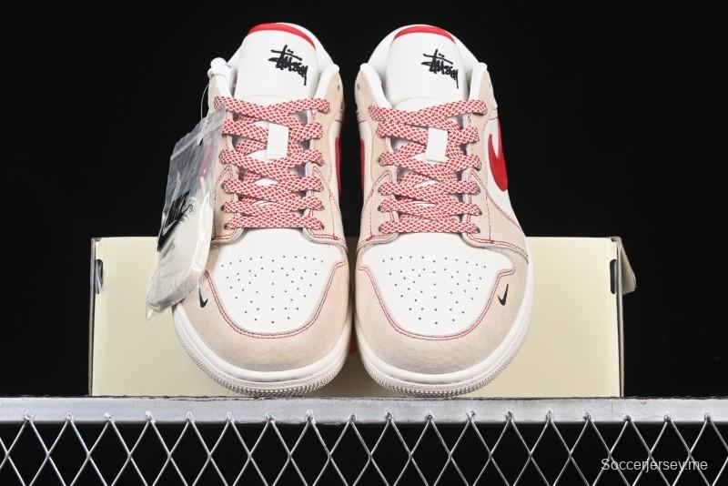 Nike Air Jordan 1 Low Stussy Collaboration Khaki Red Hook Retro Basketball Shoes - SJ9950-040