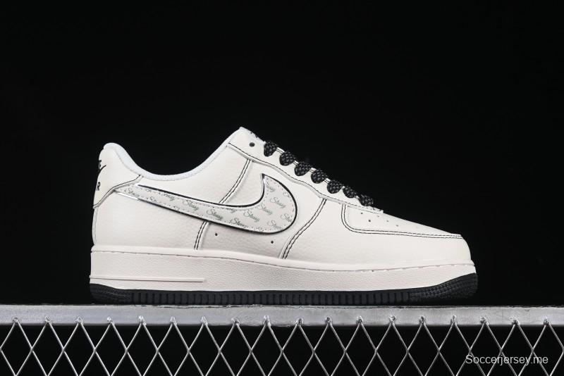 Nike Air Force 1 '07 Low Stussy Collaboration Beige Black Floral Swoosh Casual Sneakers - HH7518-040
