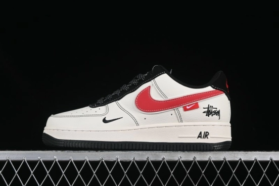 Nike Air Force 1 '07 Low Stussy Collaboration Black Stitch Red Swoosh Casual Sneakers - XS1958-518