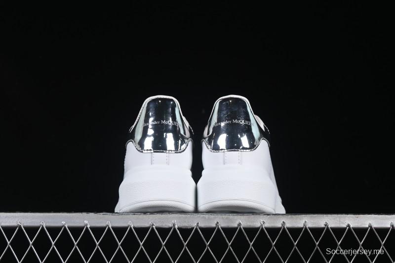Alexander McQueen Oversized Sneakers with Mirror Silver Heel - White Leather Lace-Up Shoes