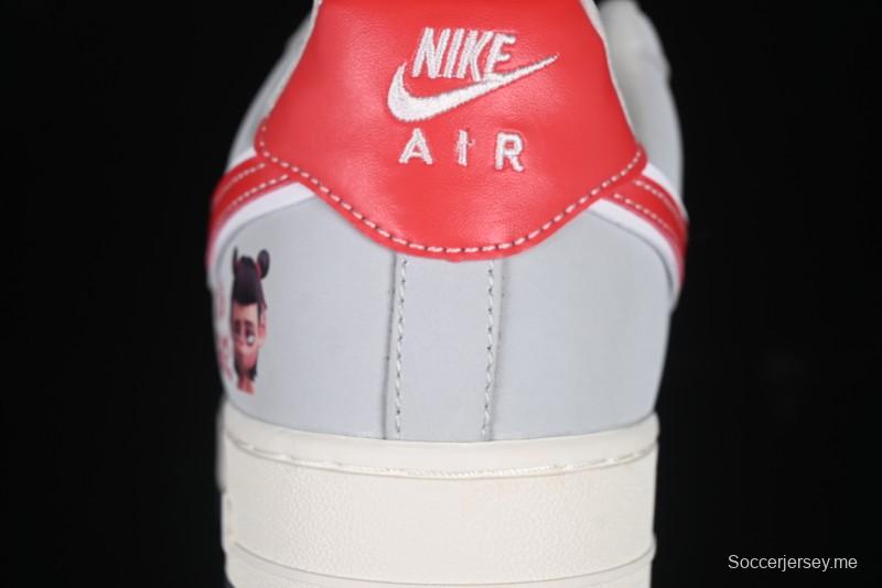 Nike Air Force 1 '07 Low Nezha Collaboration Grey Red Swoosh Casual Sneakers - DF0188-046