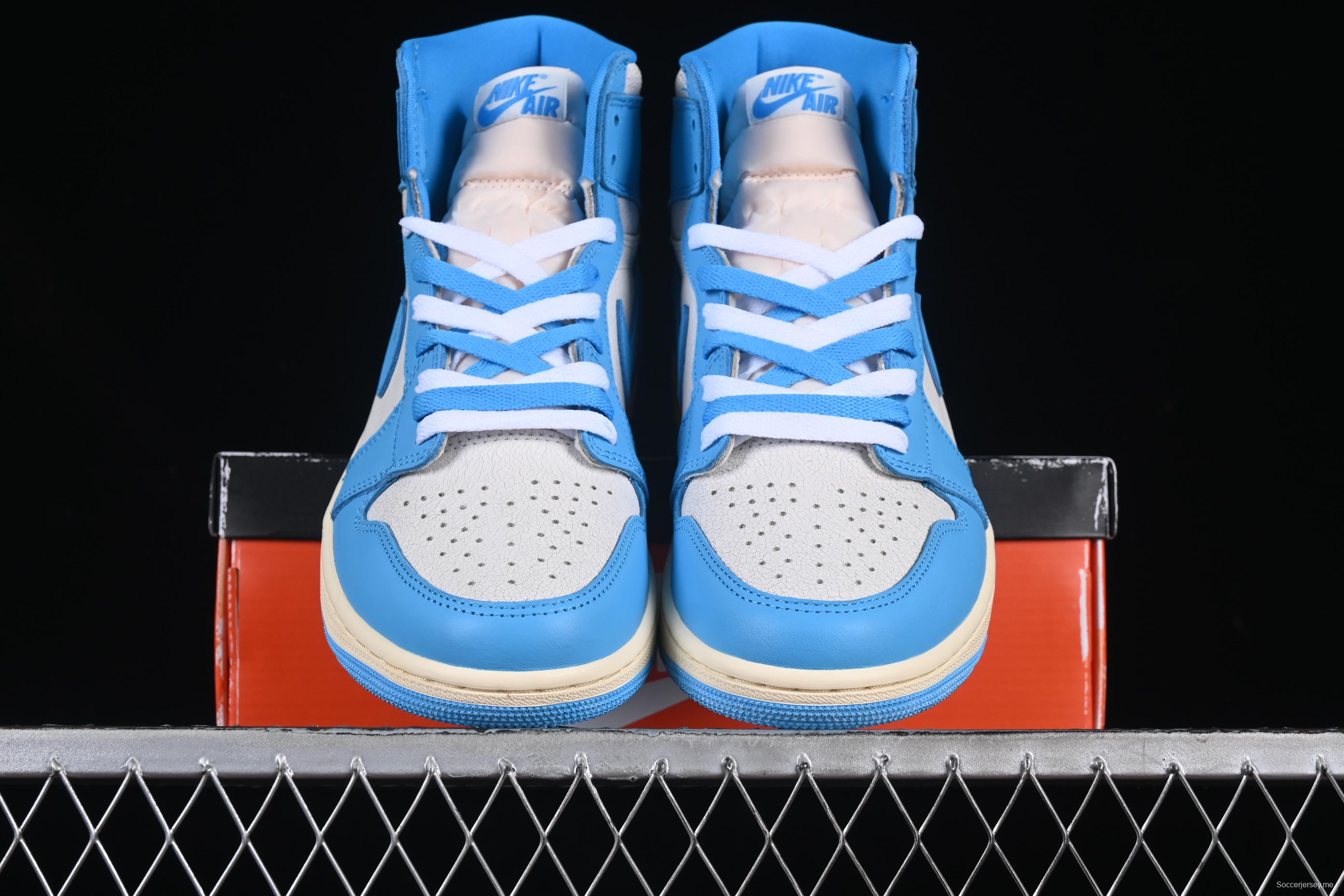 Nike Air Jordan 1 High OG "UNC Reimagined" Retro Basketball Shoes with Cracked Leather and Vintage Midsole - DZ5485-402