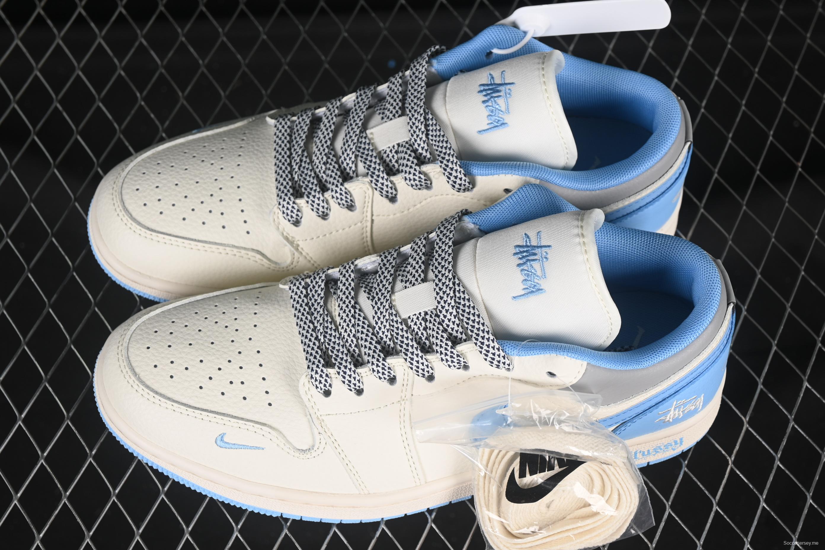 Nike Air Jordan 1 Low Stussy Collaboration White Blue 3D Swoosh High-End Custom Retro Basketball Shoes - XS6086-559