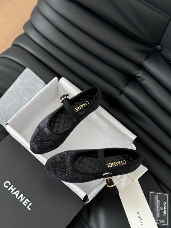 2025 Women Chanel Black Velvet Mary Jane Embroidered LY00280