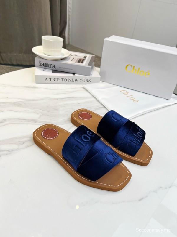 2025 Women Chloe Navy Velvet Slippers LY00200