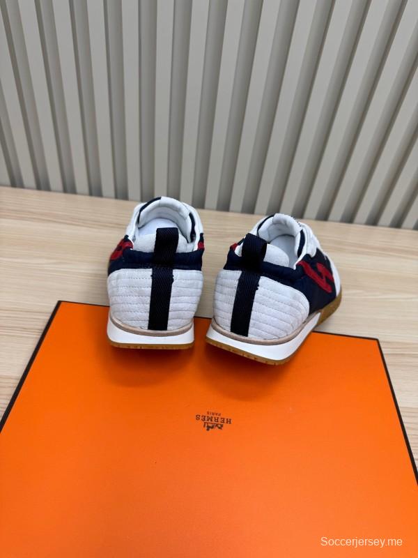 2025 Unisex Hermès White Navy Red Suede Down Fabric Sneakers Top Version LY00310