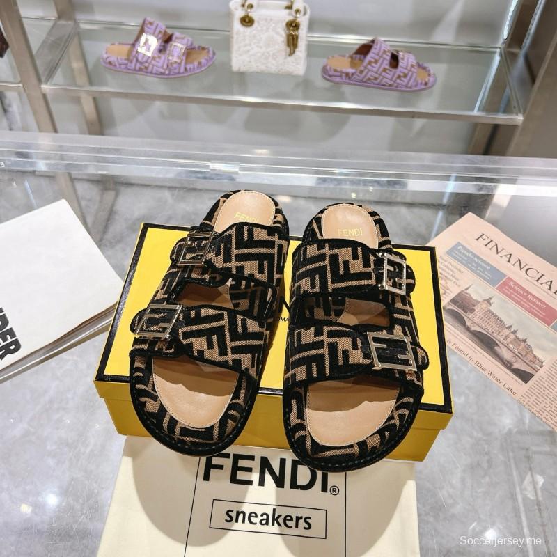 2025 Fendi Black Beige Jacquard Fabric Leather Slippers