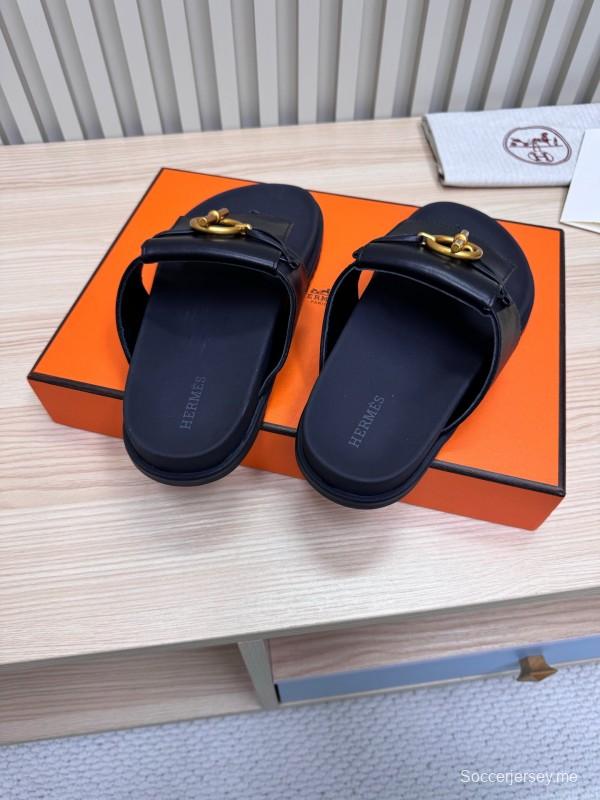 2025 Women Hermès Black Leather Slippers