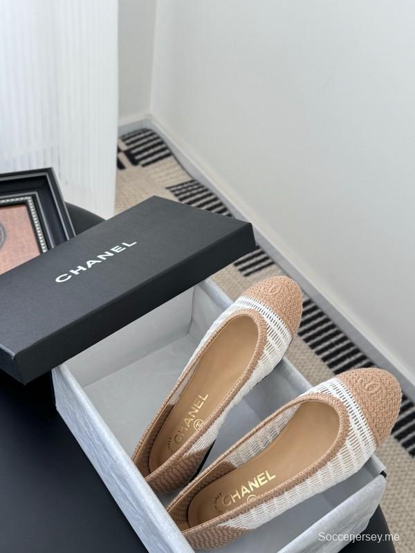2025 Women Chanel White Beige Leather Mesh Ballet Flats LY00280