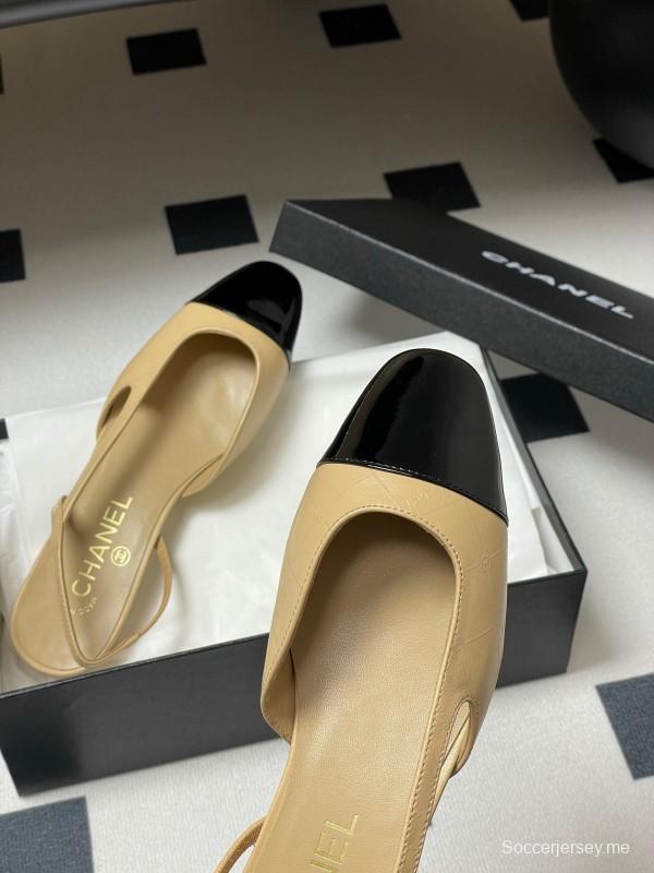 2025 Women Chanel Beige Black Leather Sling-back Flat Heel