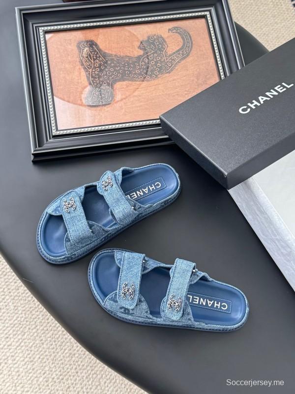 2025 Women Chanel Blue Denim Leather Slippers LY00310