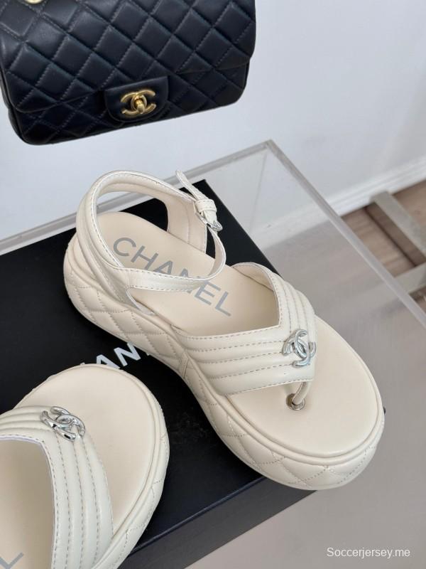 2025 Women Chanel White Leather Sandals