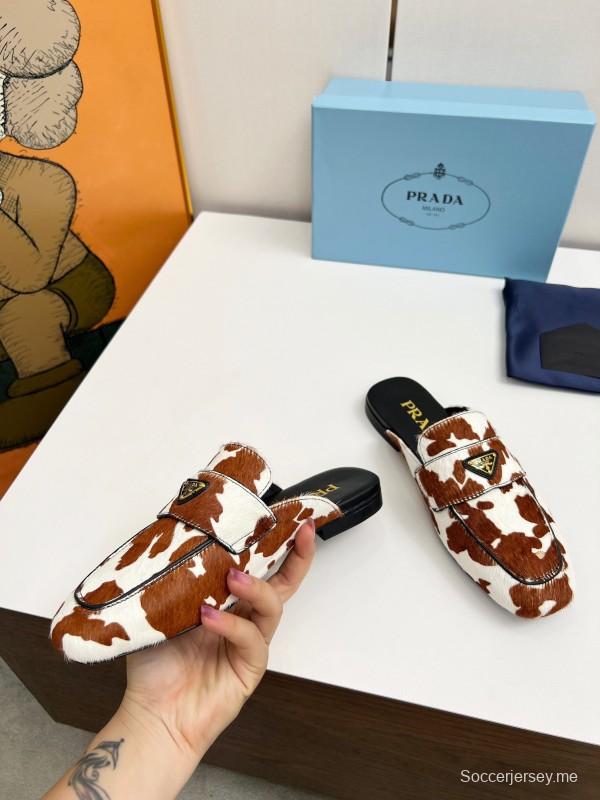2025 Women Prada Brown White Calf Hair Leather Slippers LY00260