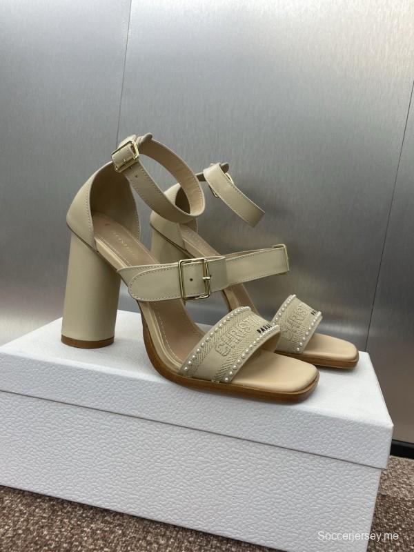 2025 Women Dior Beige Calf Leather Sheepskin Pearl Embroidered High Heel Sandals KFY00320