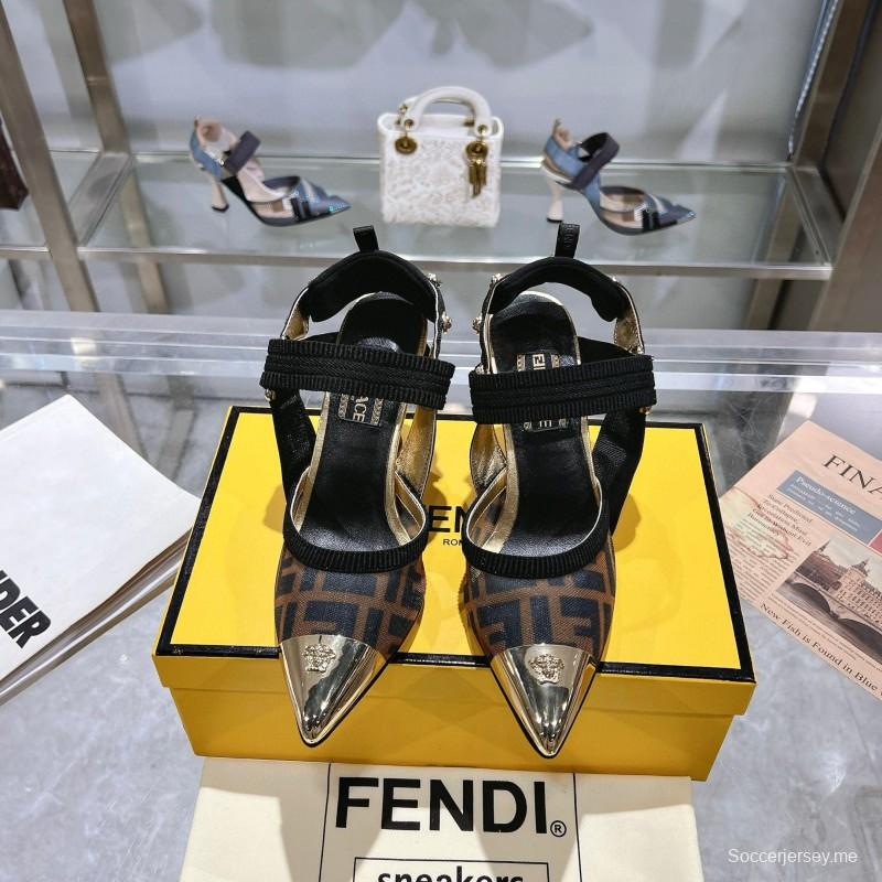 2025 Women Fendi Brown Black Leather Mesh High Heels MJ00280