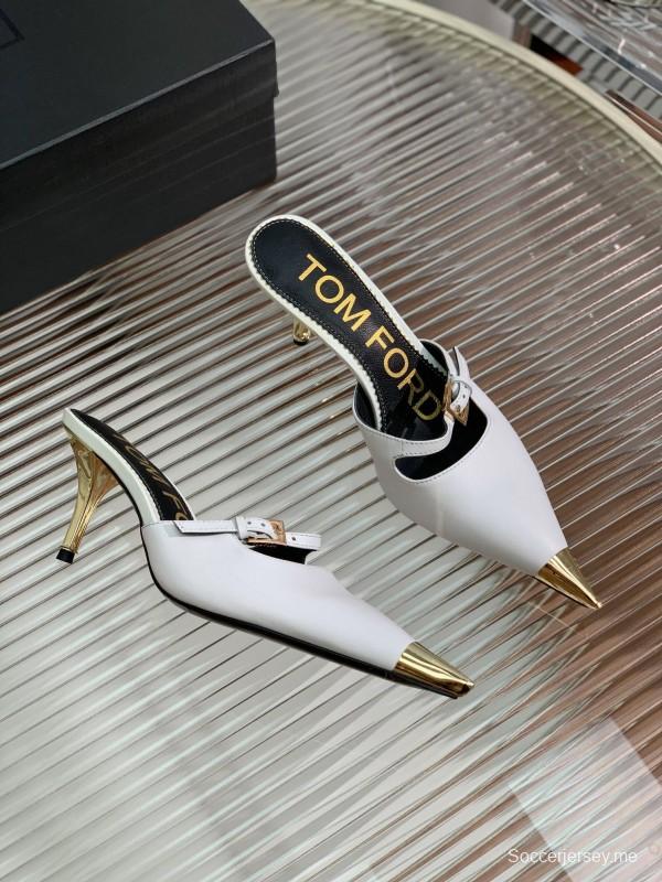 2025 Women TOM FORD White Gold Leather Pointed Toe Mules