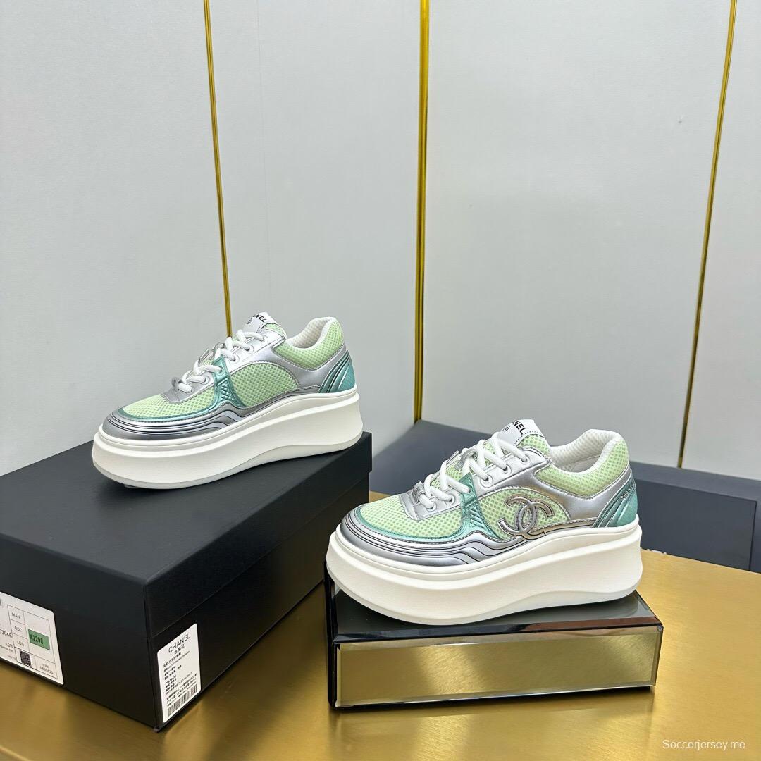 2025 Women Chanel Green Silver Mesh Leather Platform Sneakers