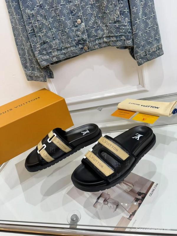 2025 Slippers Louis Vuitton Black Beige Leather Mesh Slippers LY