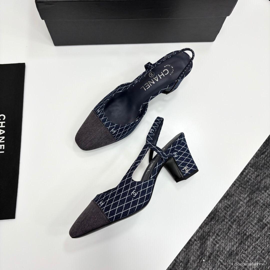 2025 Women Chanel Blue Grey Denim Leather Slingback LY00240