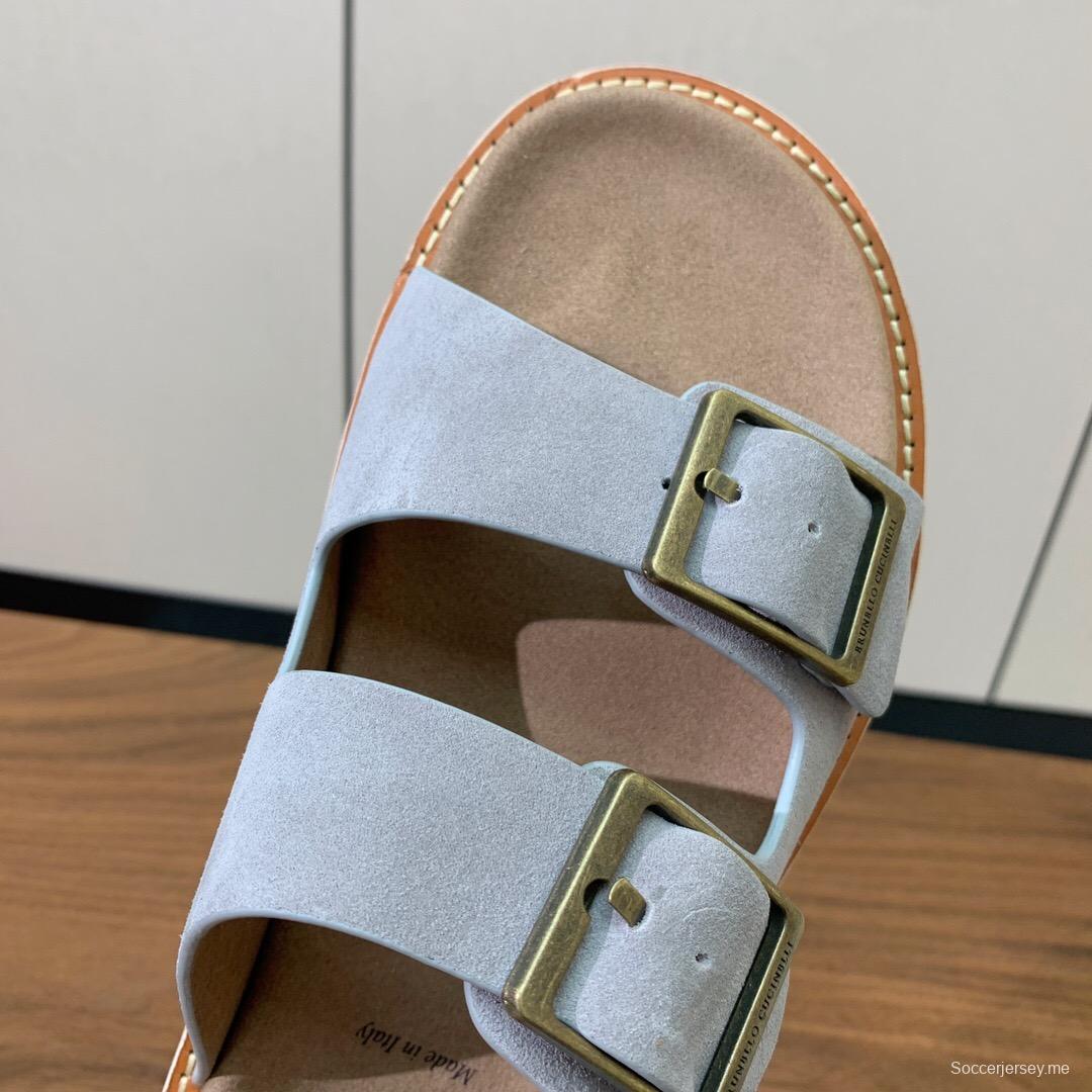 2025 Unisex Brunello Cucinelli Light Grey Suede Casual Sandals With Adjustable Buckles KFY00250