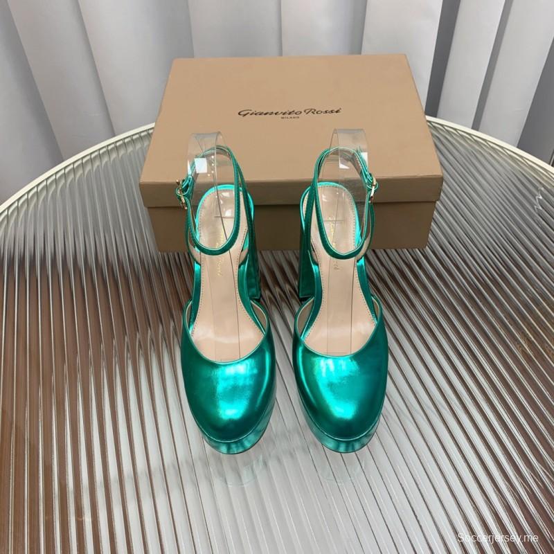 2025 Women Gianvito Rossi Metallic Green Leather Platform Sandals