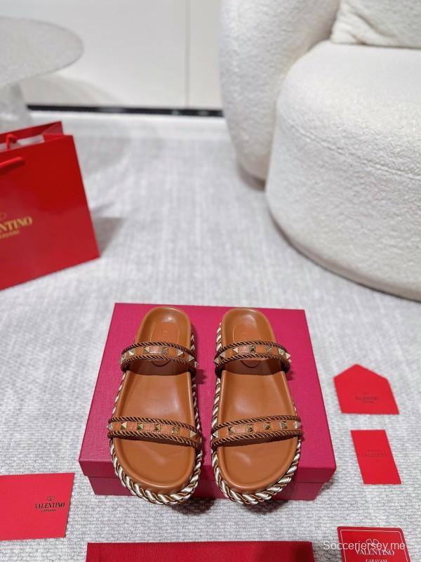 2025 Women Valentino Brown Leather Sandals Braided Rope Sole LY00250