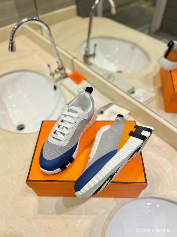 2024 Unisex Hermès Blue Grey Orange Suede Rain Cloth Sneakers MJ00320