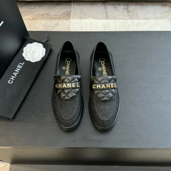 2025 Women Chanel Black Leather Canvas Loafers KFY00310