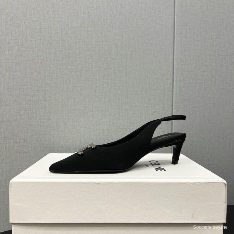 2025 Women Celine Black Fabric Leather Slingback Kitten Heels KFY00290