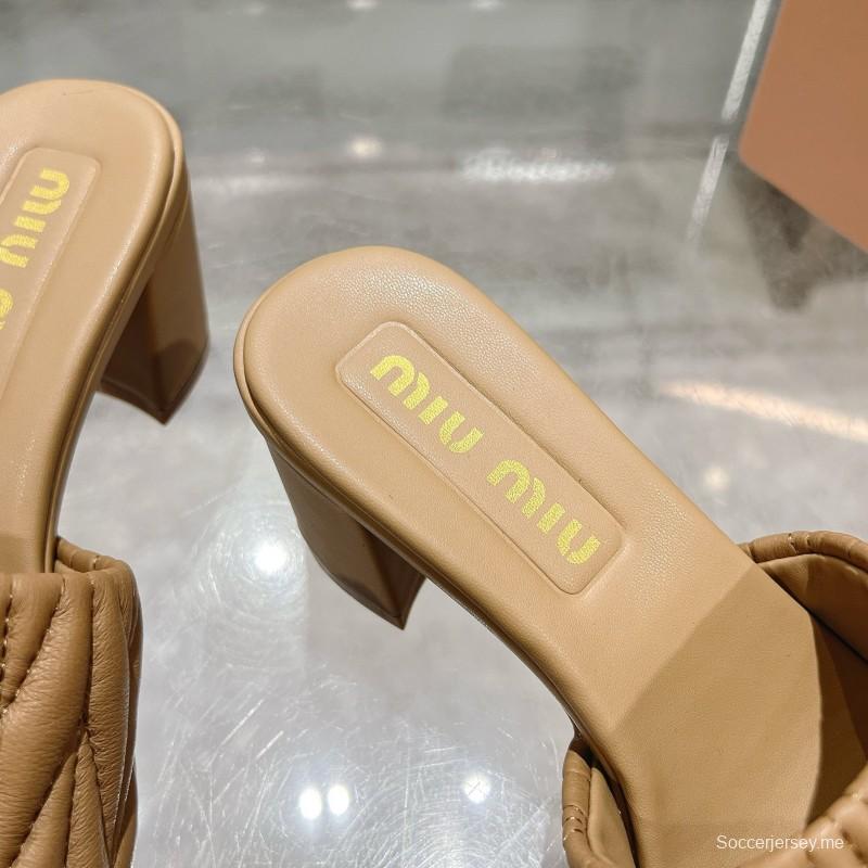 2025 Women Miu Miu Beige Lambskin Heeled Sandals MDR00123