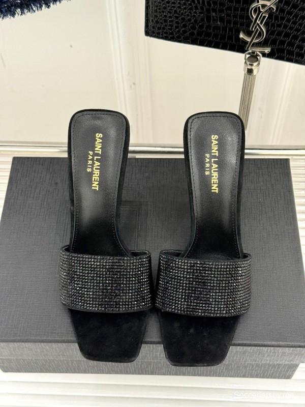 2025 Women Yves Saint Laurent Black Rhinestone Leather High Heel Slippers LY00300