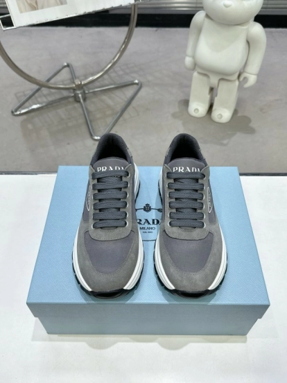 2025 Unisex Prada Grey Suede Leather Sneakers KFY00310
