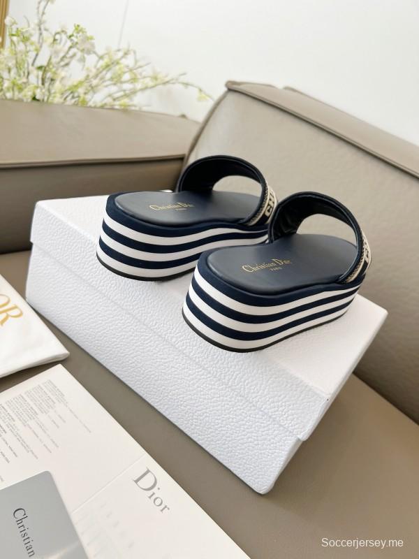 2025 Women Dior Navy White Canvas Platform Slippers LY