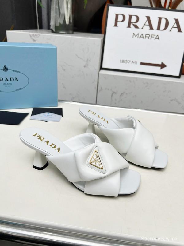 2025 Women Prada White Calf Leather Heeled Slide LY00270
