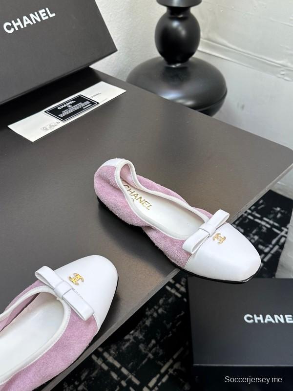2025 Women CHANEL White Purple Leather Bow Ballet Flats Unisex LY00360(F)