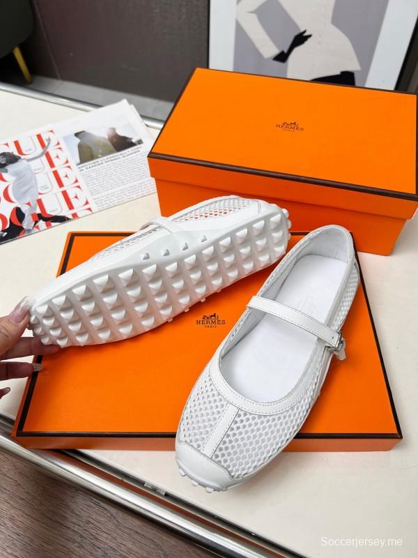 2025 Women Hermès White Leather Mesh Mary Jane LY00230