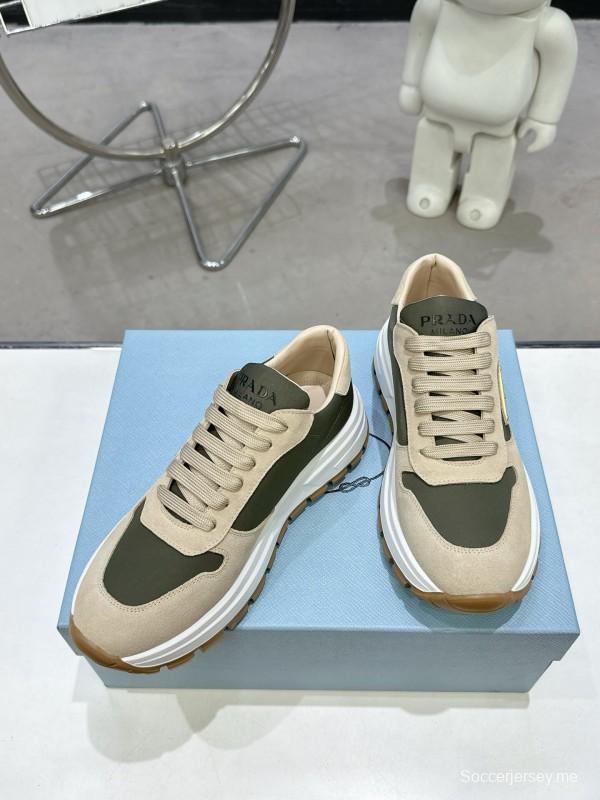 2025 Women Prada Beige Green Nubuck Leather Sneakers KFY00310