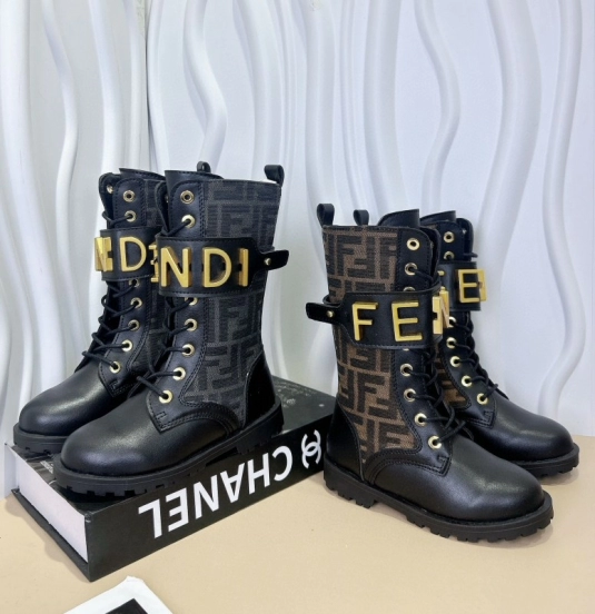 2024 Kids Fendi Black Brown Leather Fabric Boots