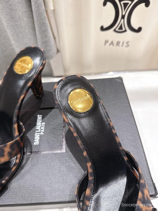 2025 Women Yves Saint Laurent Leopard Print Leather High Heel Sandals