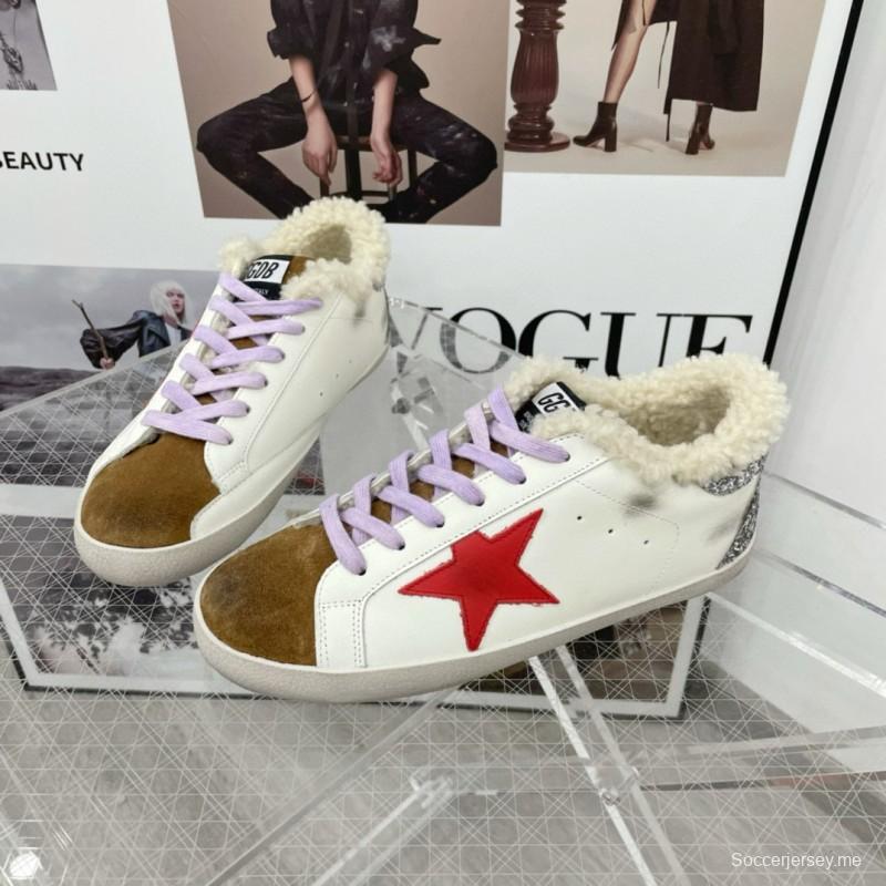 2025 Women GGDB White Red Brown Leather Shearling Sneakers