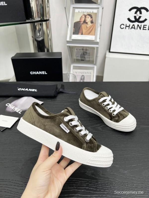2025 Women Chanel Army Green Suede Casual Sneakers