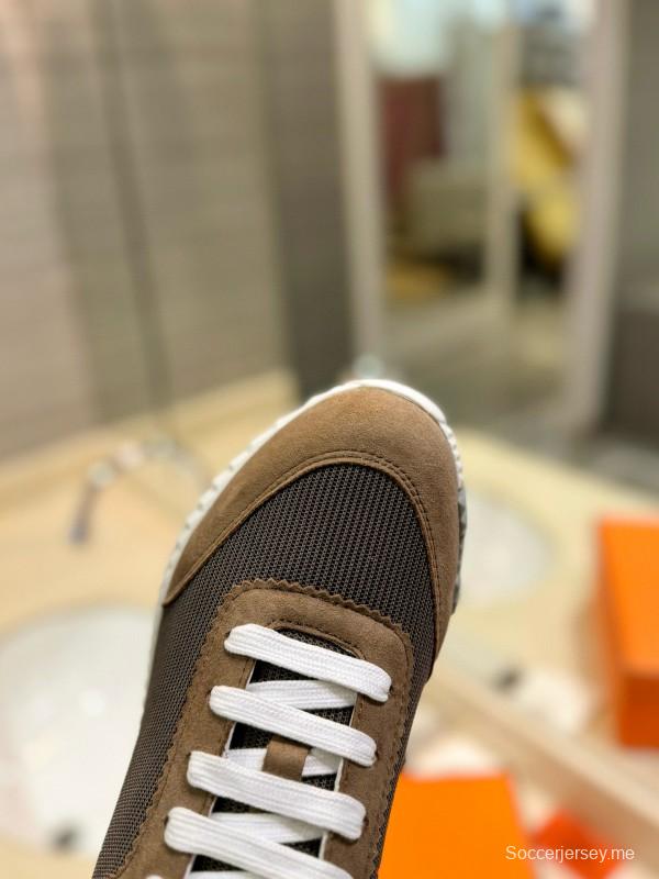 2024 Unisex Hermès Brown Khaki Mesh Suede Sneakers