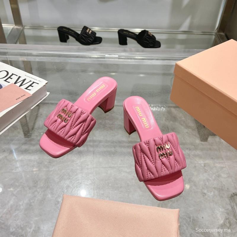 2025 Women Miu Miu Pink Sheepskin Heeled Sandals Quilted KFY00250