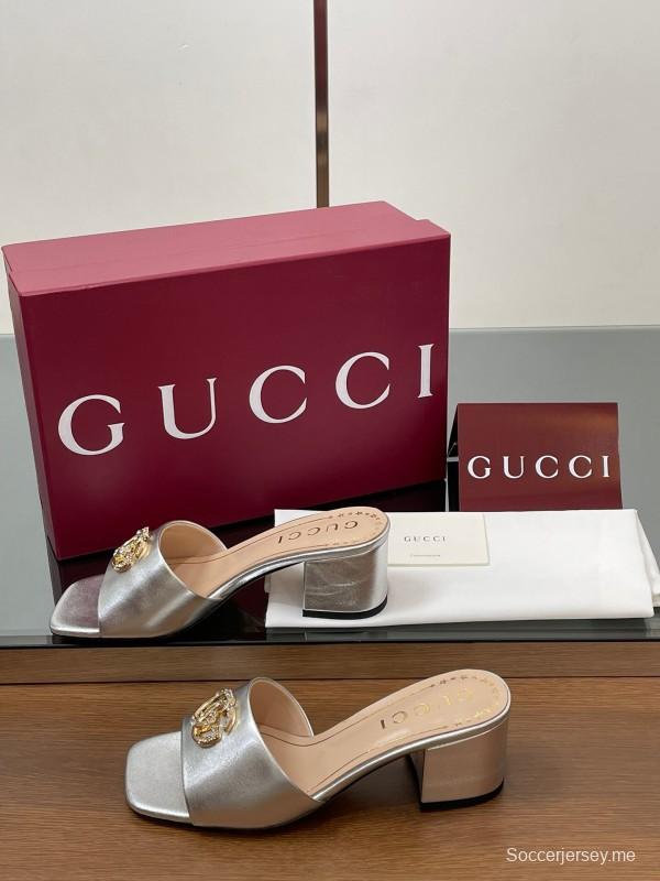 2025 Women Gucci Gold Leather Mules GG Emblem LY00280