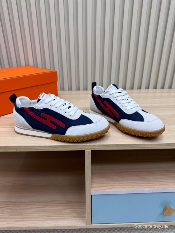 2025 Unisex Hermès White Navy Red Suede Down Fabric Sneakers KFY00300