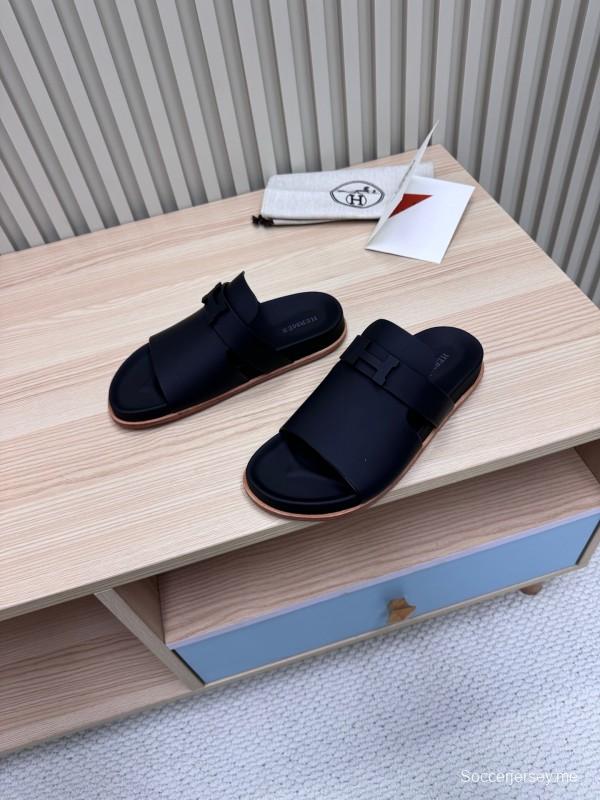 2025 Hermès Black Leather Slippers