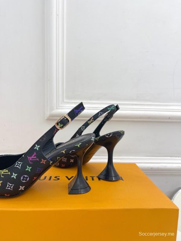 2025 Women Louis Vuitton Black Multicolor Leather Slingback Heels KFY00280